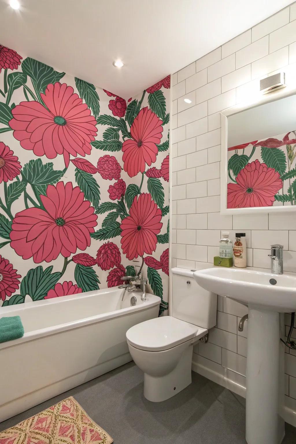 A bathroom displaying bold floral wallpaper for added drama.