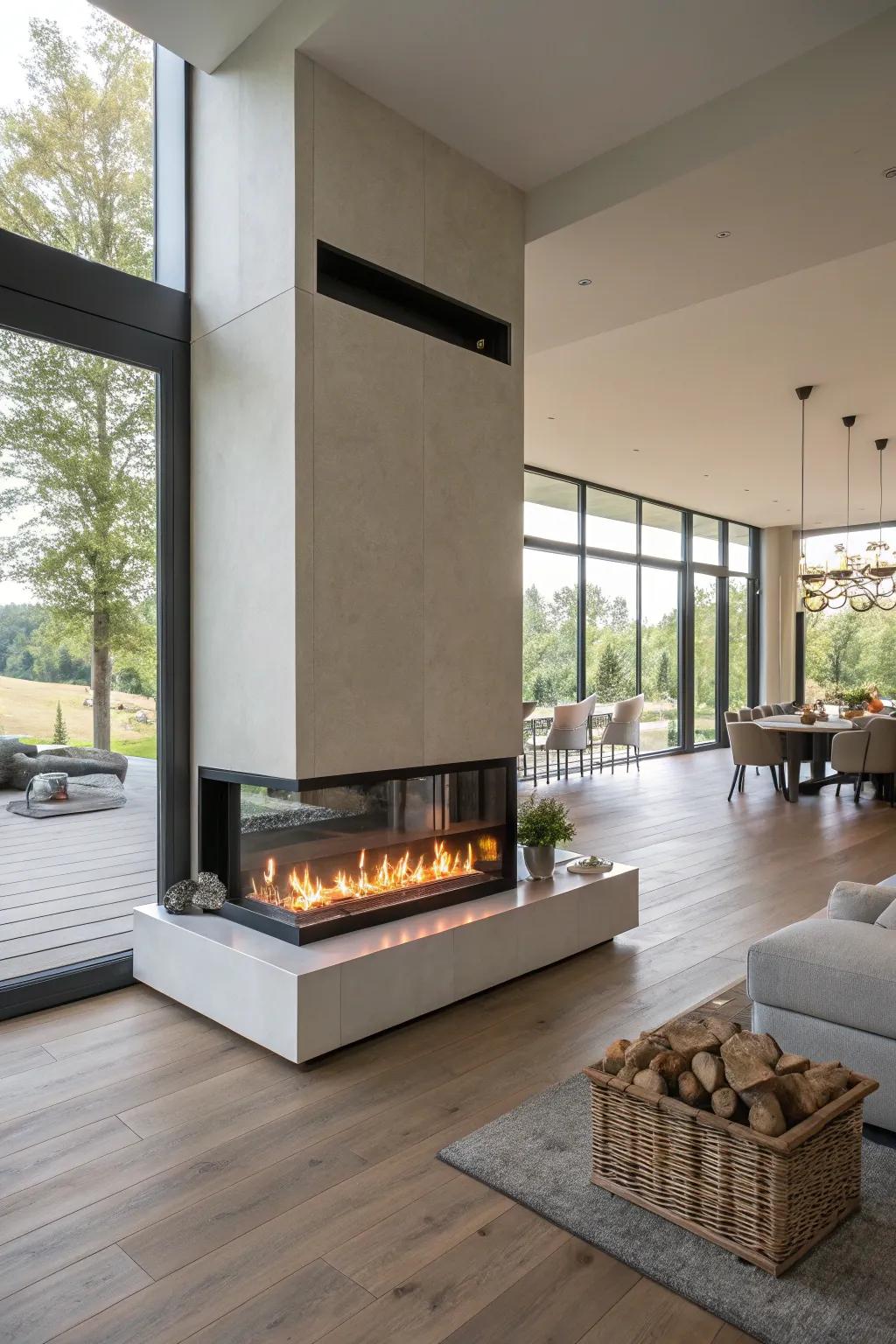 An electric fireplace doubling as a space separator within an expansive open-plan living area.