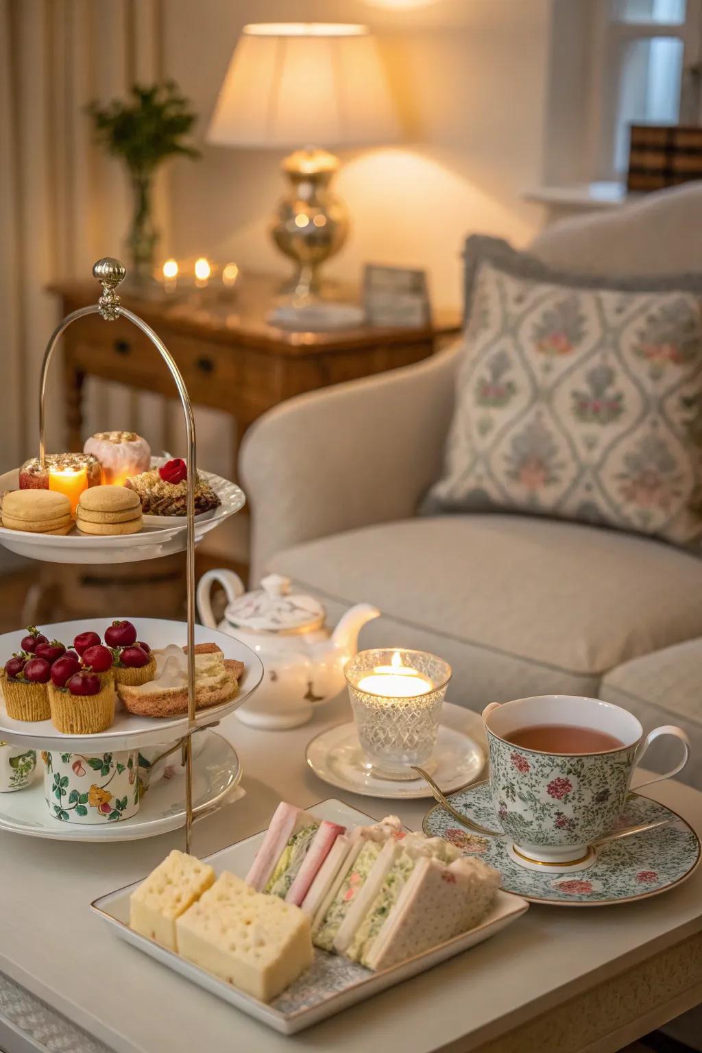 Elegant tea party setup with china tea sets.