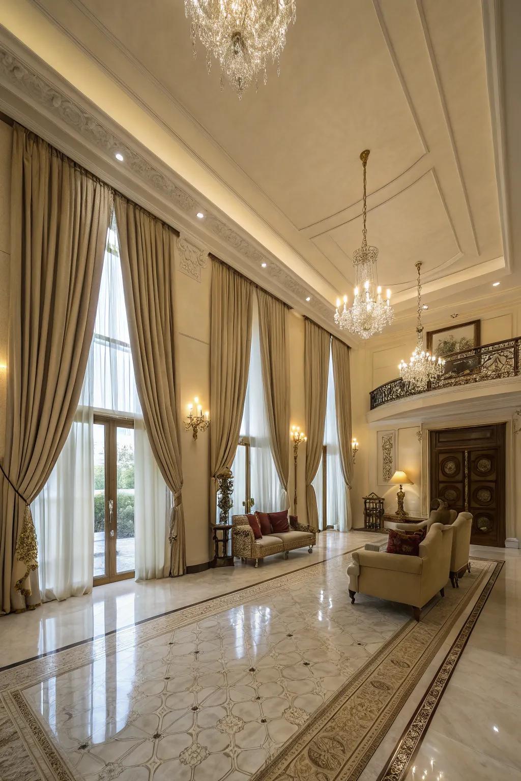 Curtains spanning from crown to base engender a dramatic and magnificent spectacle.