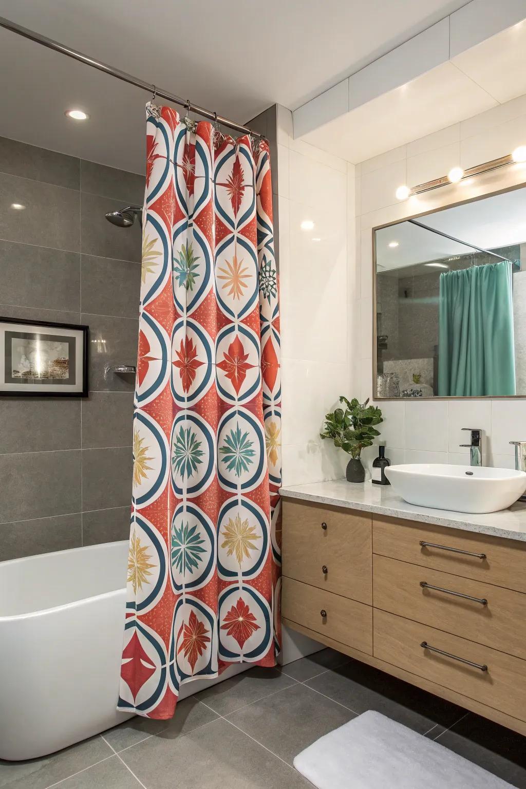 A bold shower curtain that stands out as the focal point of the bathroom.