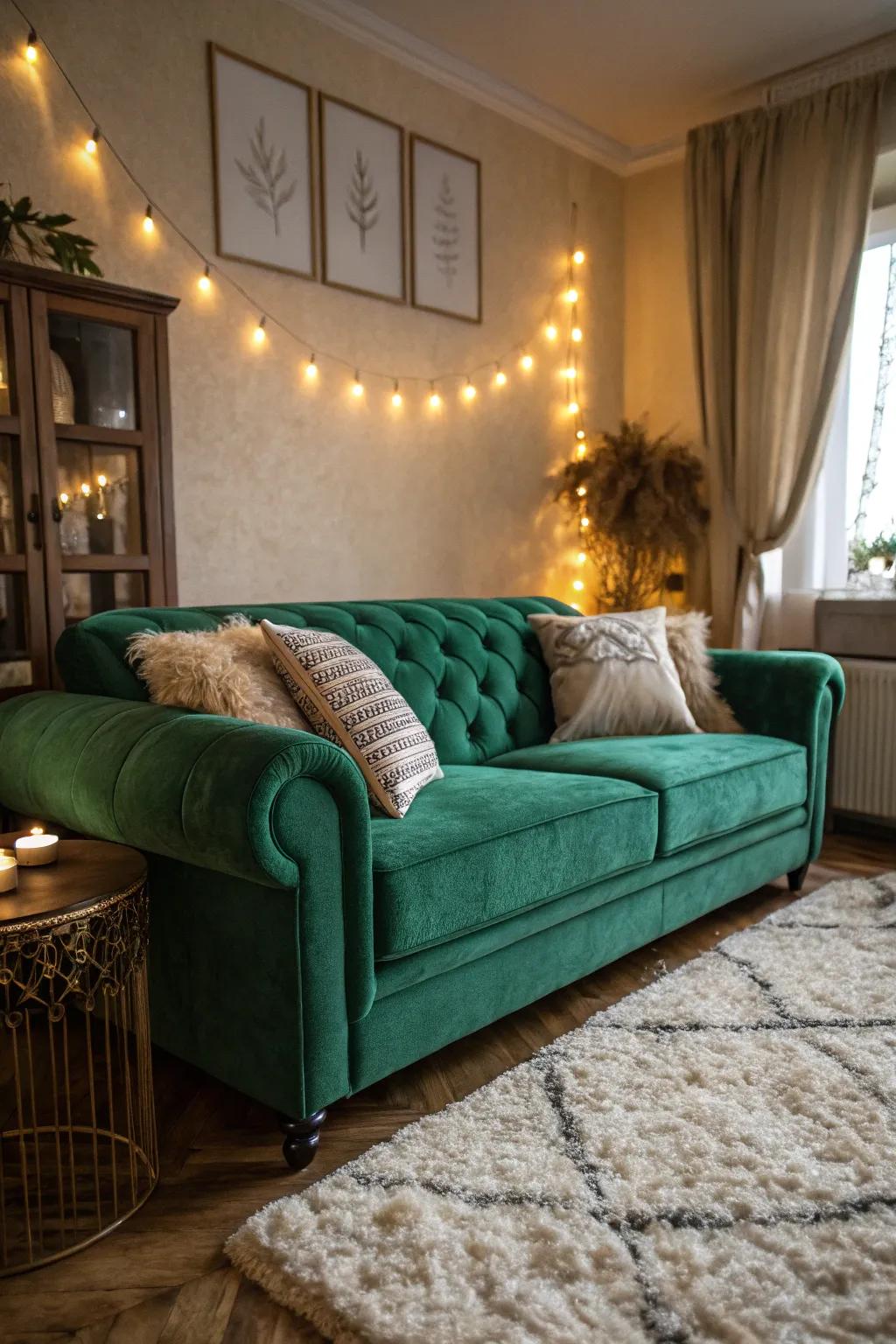 A cozy setting with an emerald green sofa provides a welcome escape.