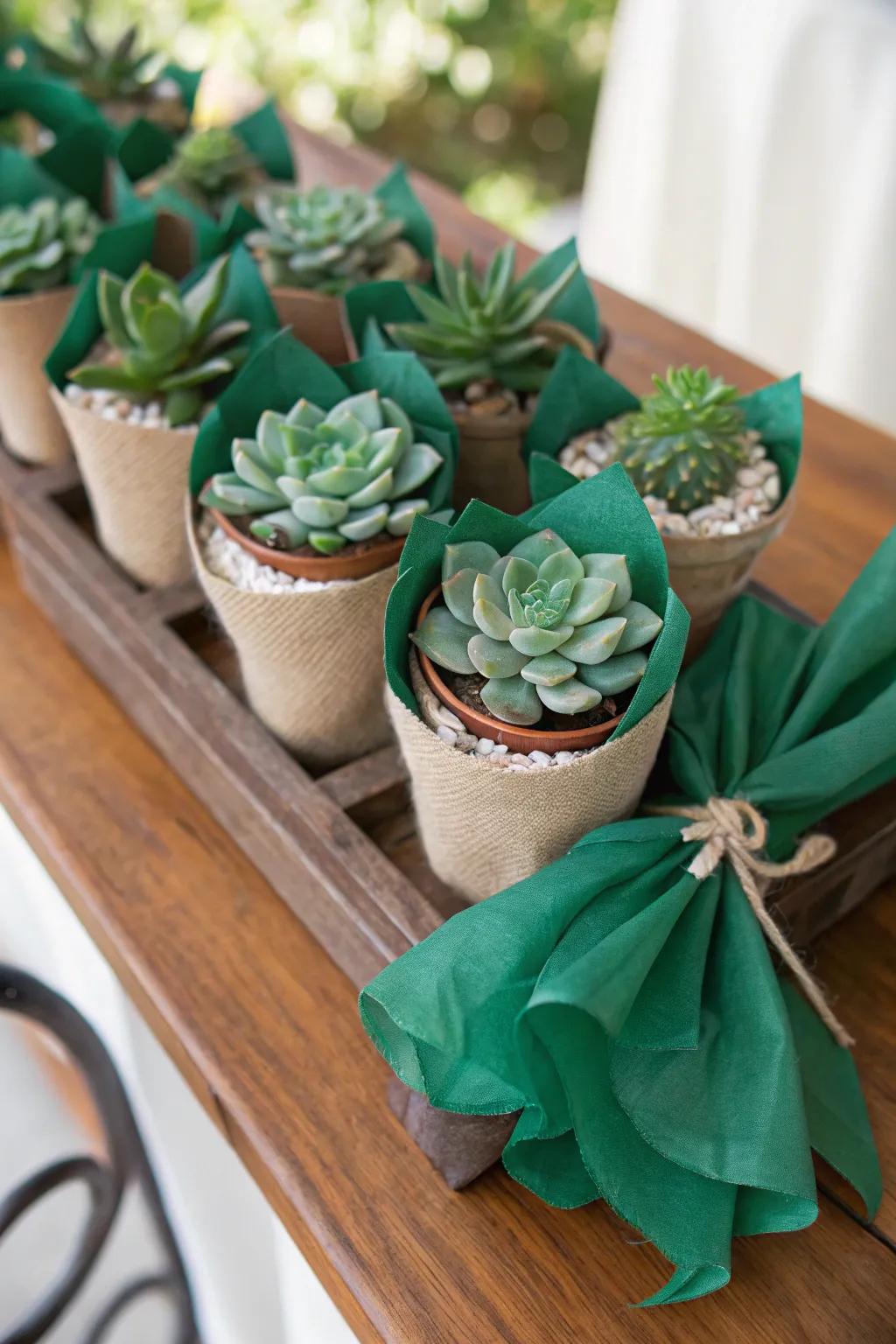 Eco-conscious celebration favors wrapped in forest.