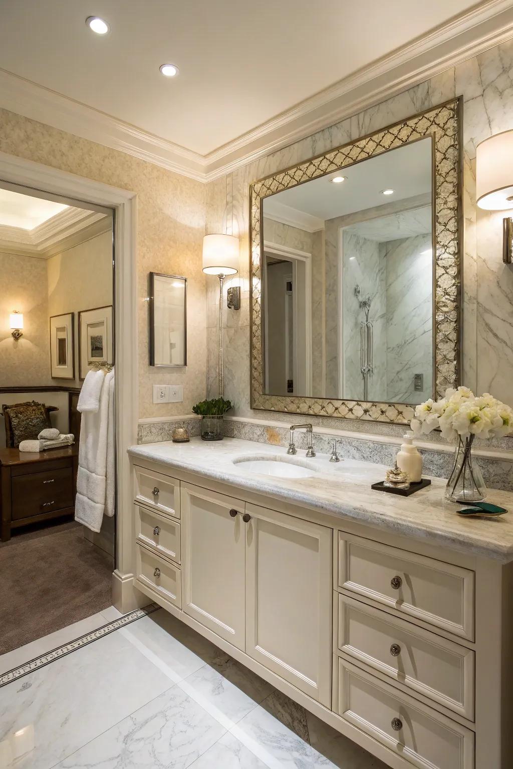 A vanity space enriches the functionality and luxury of this area.