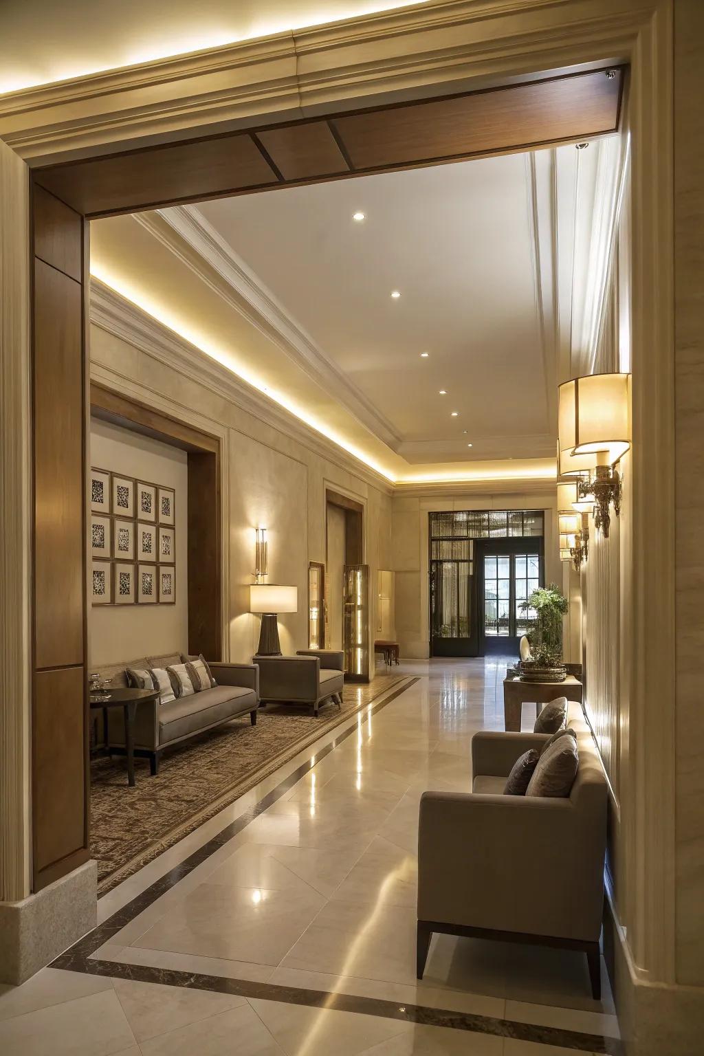 Lighting integrated into trim produces a contemporary radiance.