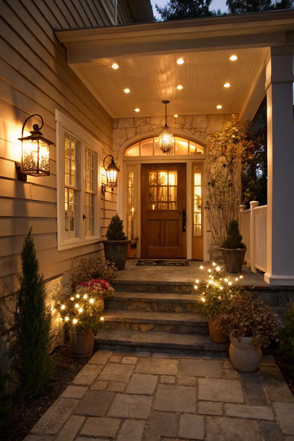 An entryway with layered illumination, featuring both ambient and accent lights that establishes an inviting vibe.