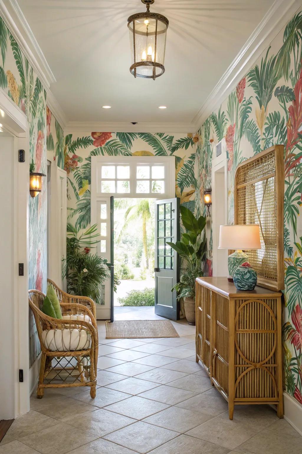 Vibrant entryway with tropical wallpaper offering a warm welcome.