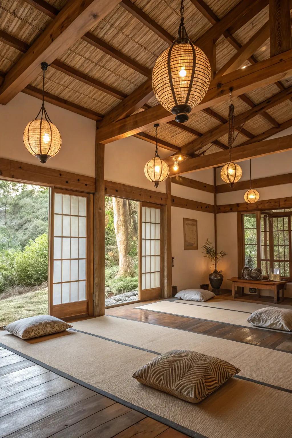 Seamless natural look with wooden fixtures and beams.