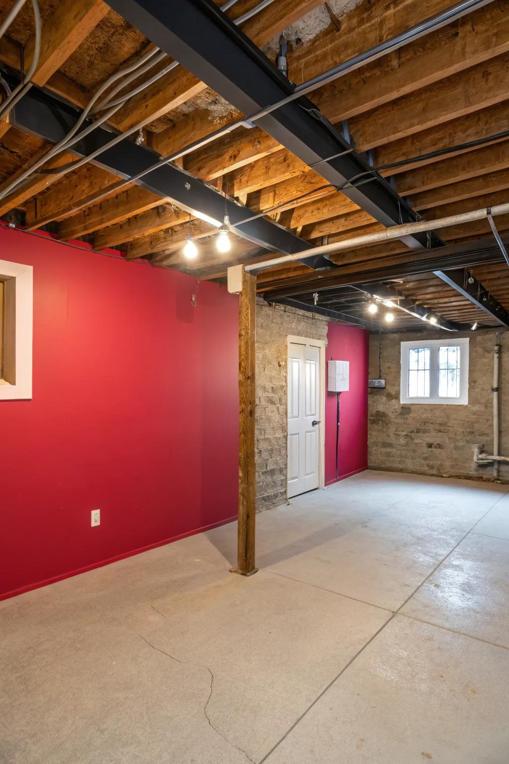 A highlighted wall injects character and depth into a basement featuring a bare ceiling.
