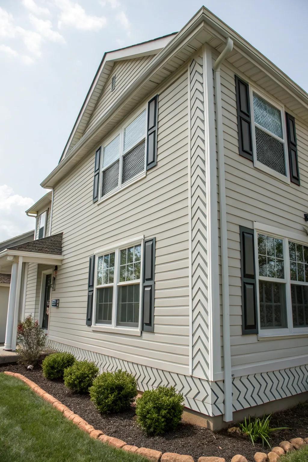 Patterned trims add a unique texture to window exteriors.