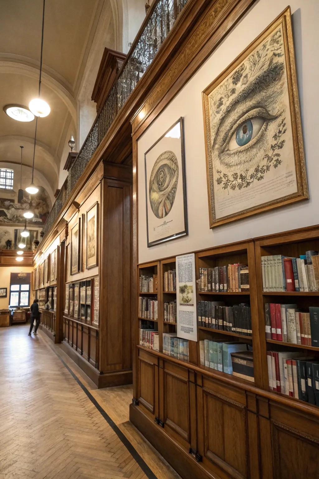 A library adorned with classic eye illustrations that inspire a sense of nostalgia.