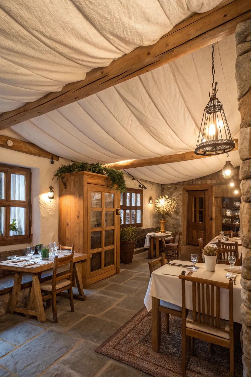 Design a countryside haven with natural fabric ceilings.