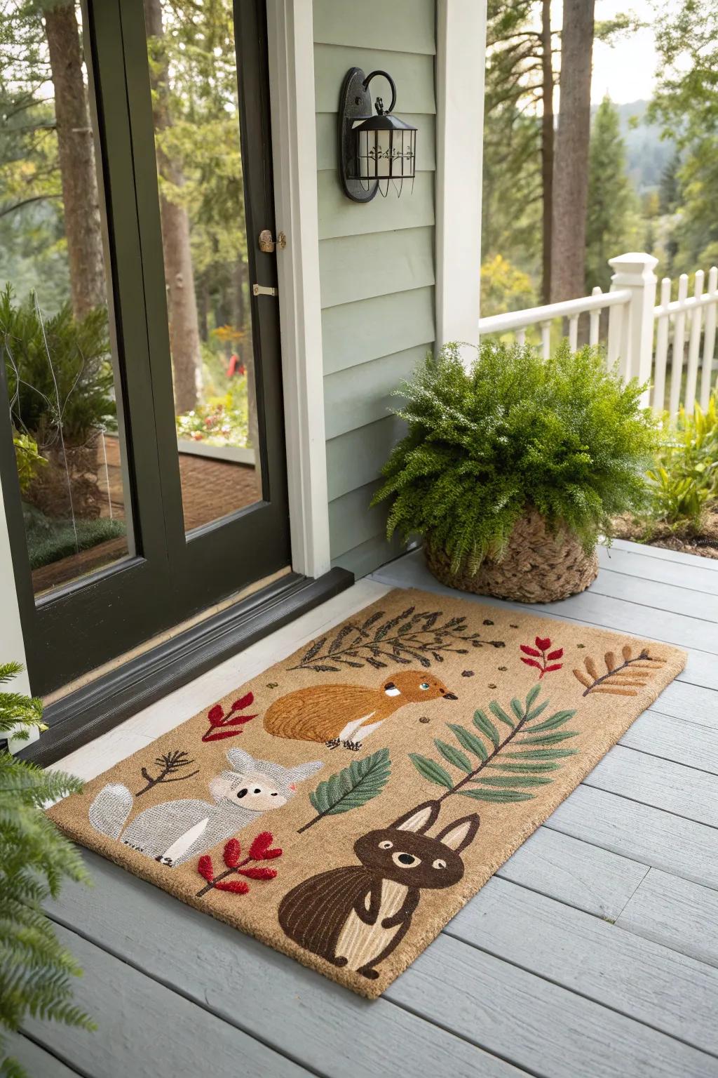 Whimsical front mat featuring charming woodland animals.