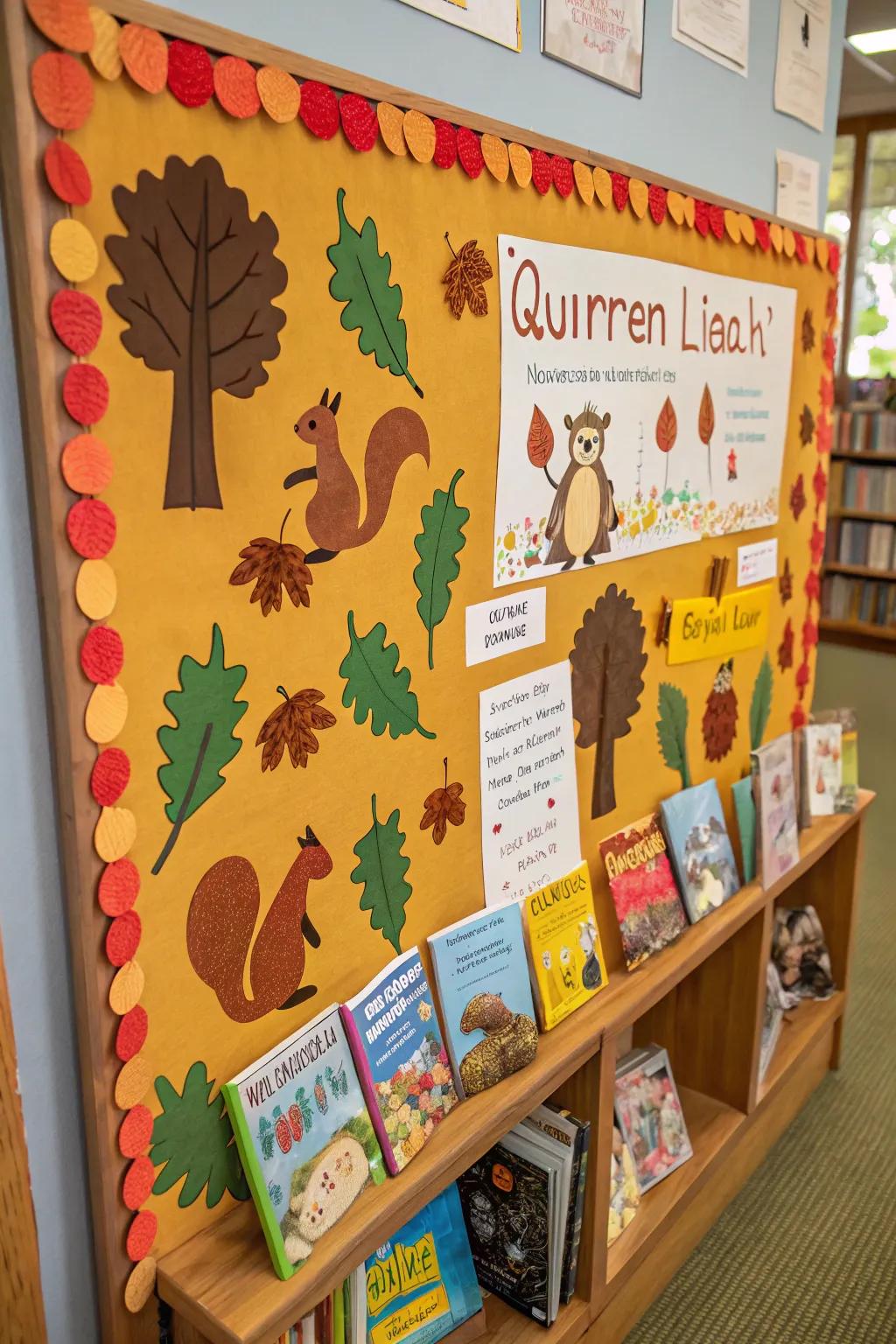 A jovial squirrel-themed bulletin board caching novel acorns.