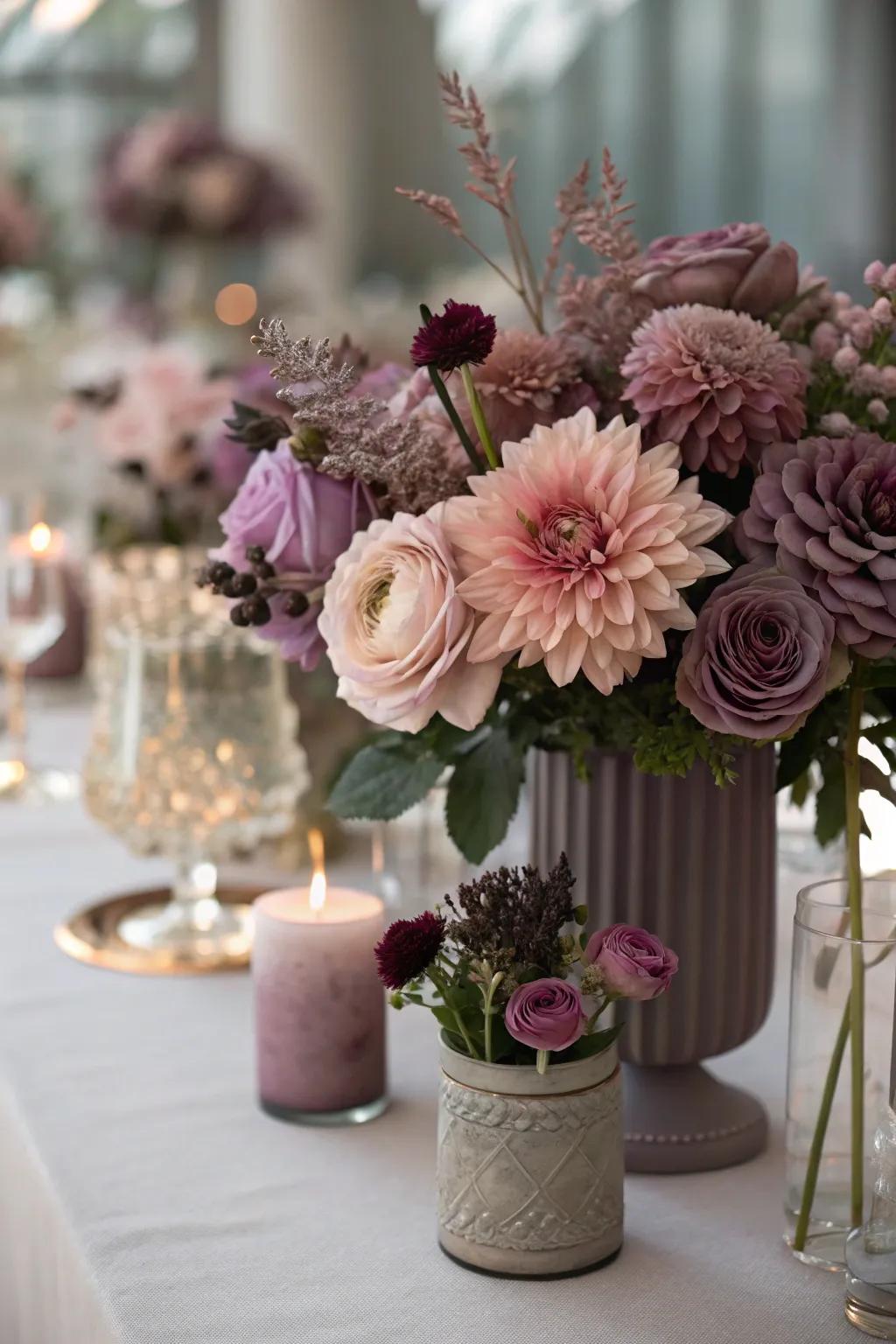 Subtle purples and dusty pinks create a romantic and elegant atmosphere at this fall wedding.