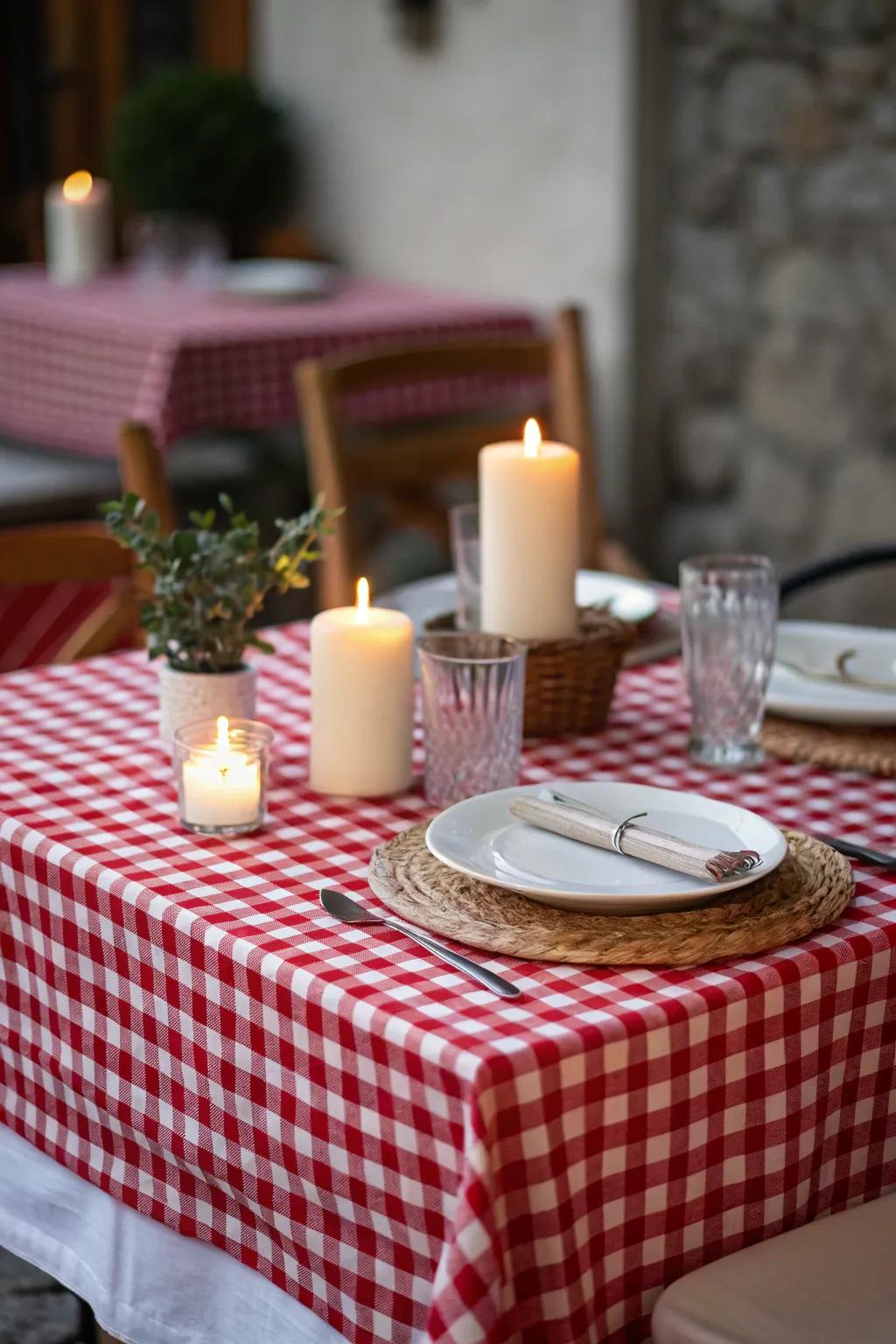 A red checkered pattern tablecloth introduces a classic farmhouse vibe.