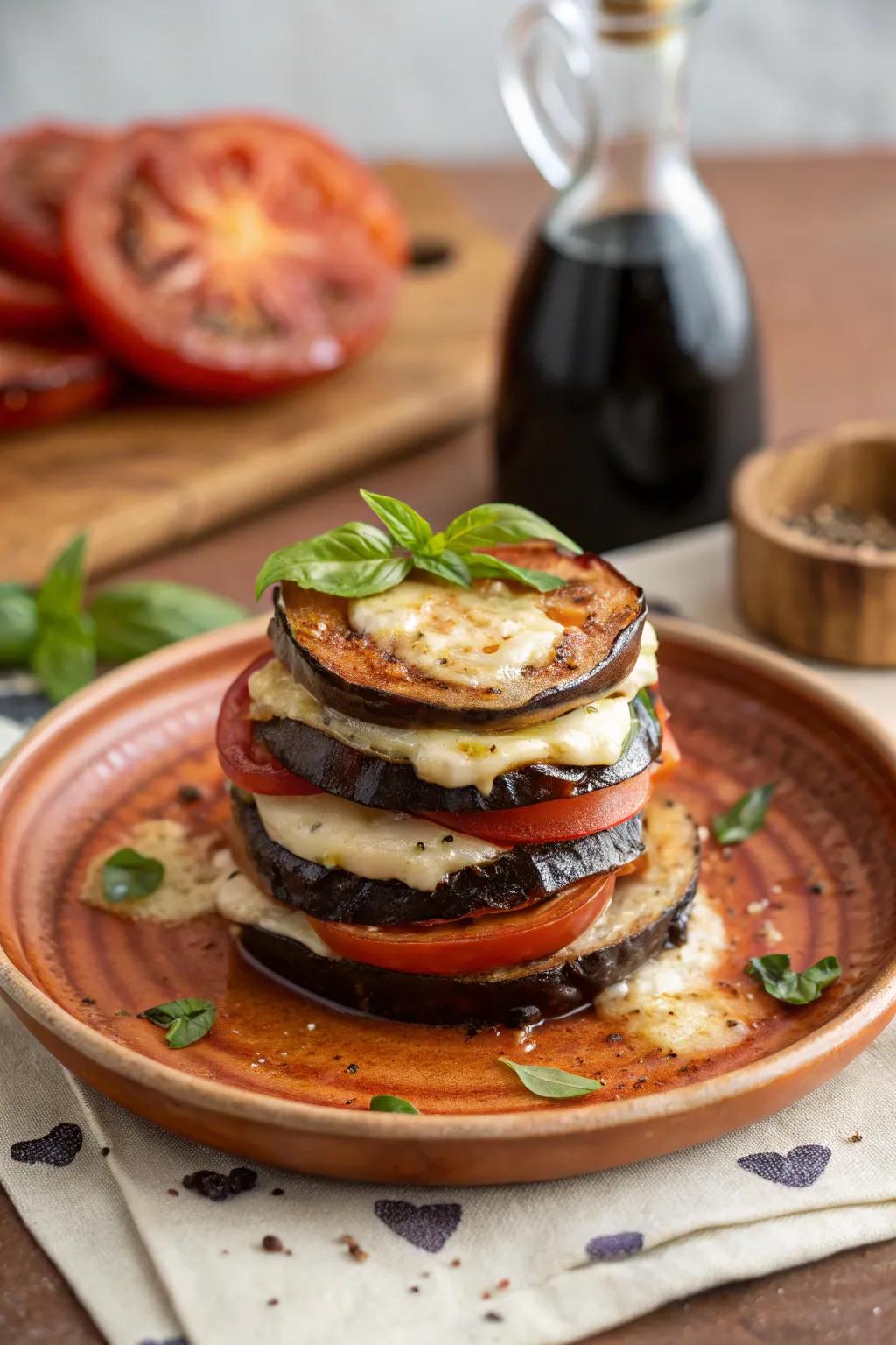 Eggplant and tomato stack, a savory masterpiece that&rsquo;s simply irresistible.