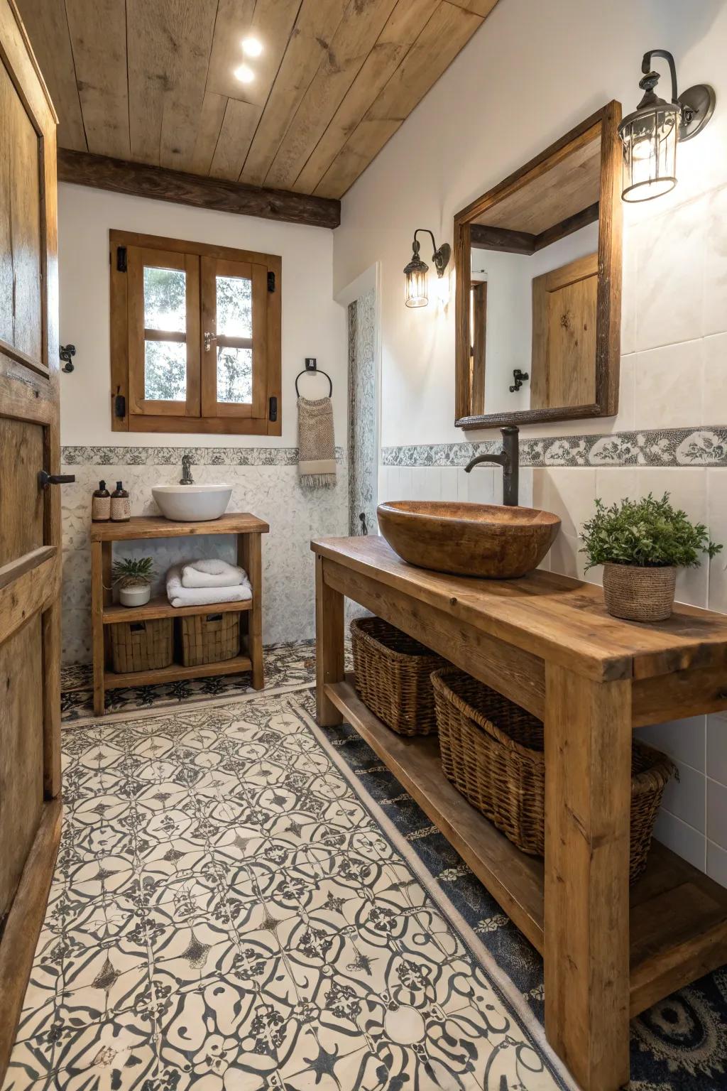 Patterned flooring contributes visual interest to a farmhouse bathroom.