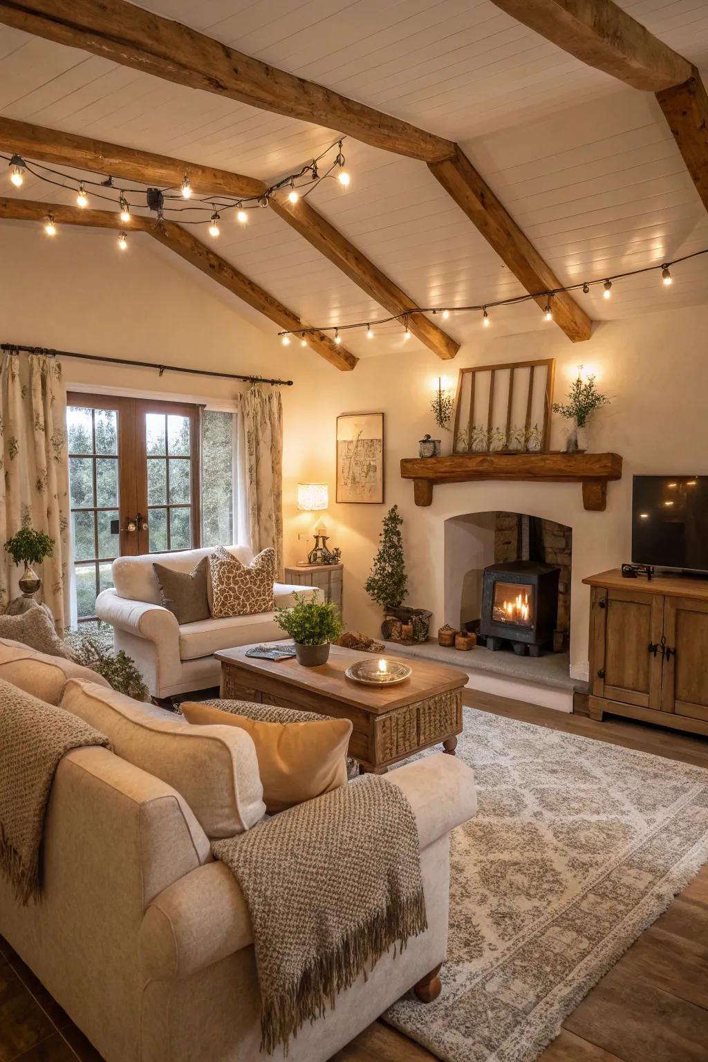 Warm shades on the ceiling contribute to the inviting ambiance of this farmhouse living area.