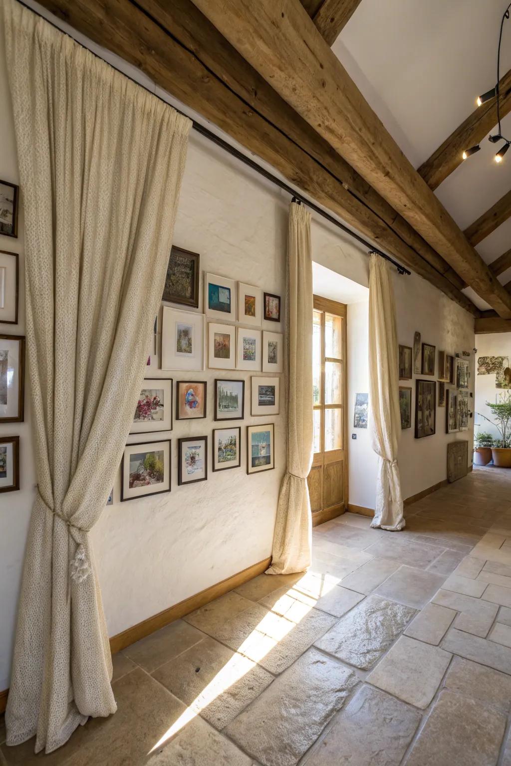 Curtains beautifully framing a gallery wall in a farmhouse interior.