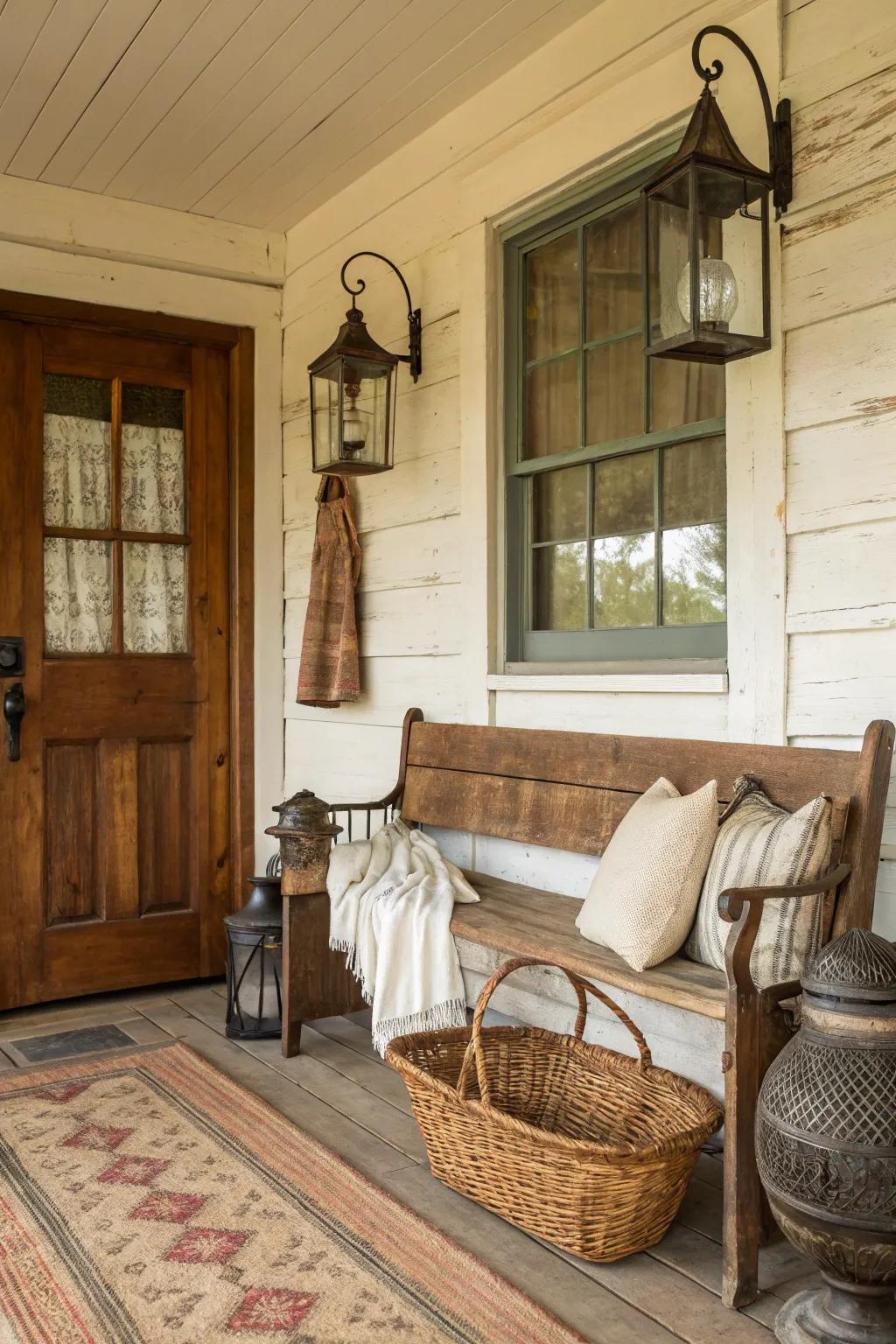 A vintage bench adds a touch of nostalgia to the entryway.