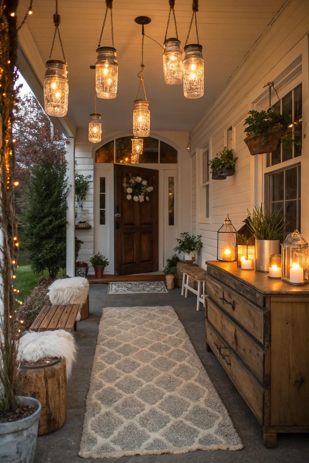A farmhouse entryway lit by charming Mason jar lighting.