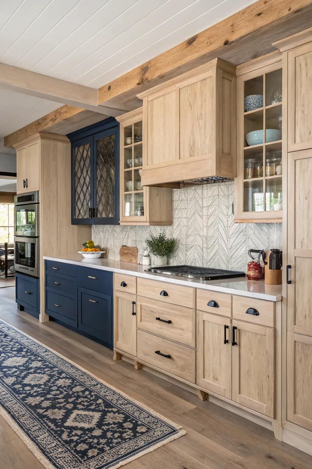 A bicolor approach via pale timber and navy conceives a chic cooking area.