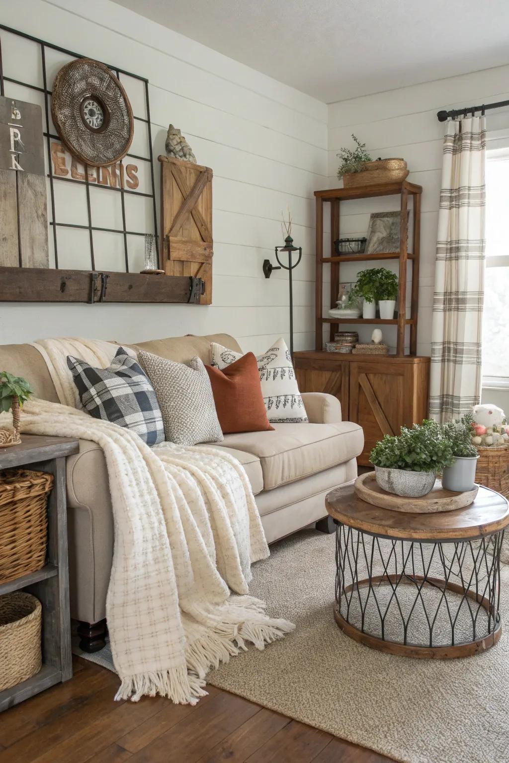 An assortment of materials enhances depth and intrigue within this farmhouse living space.