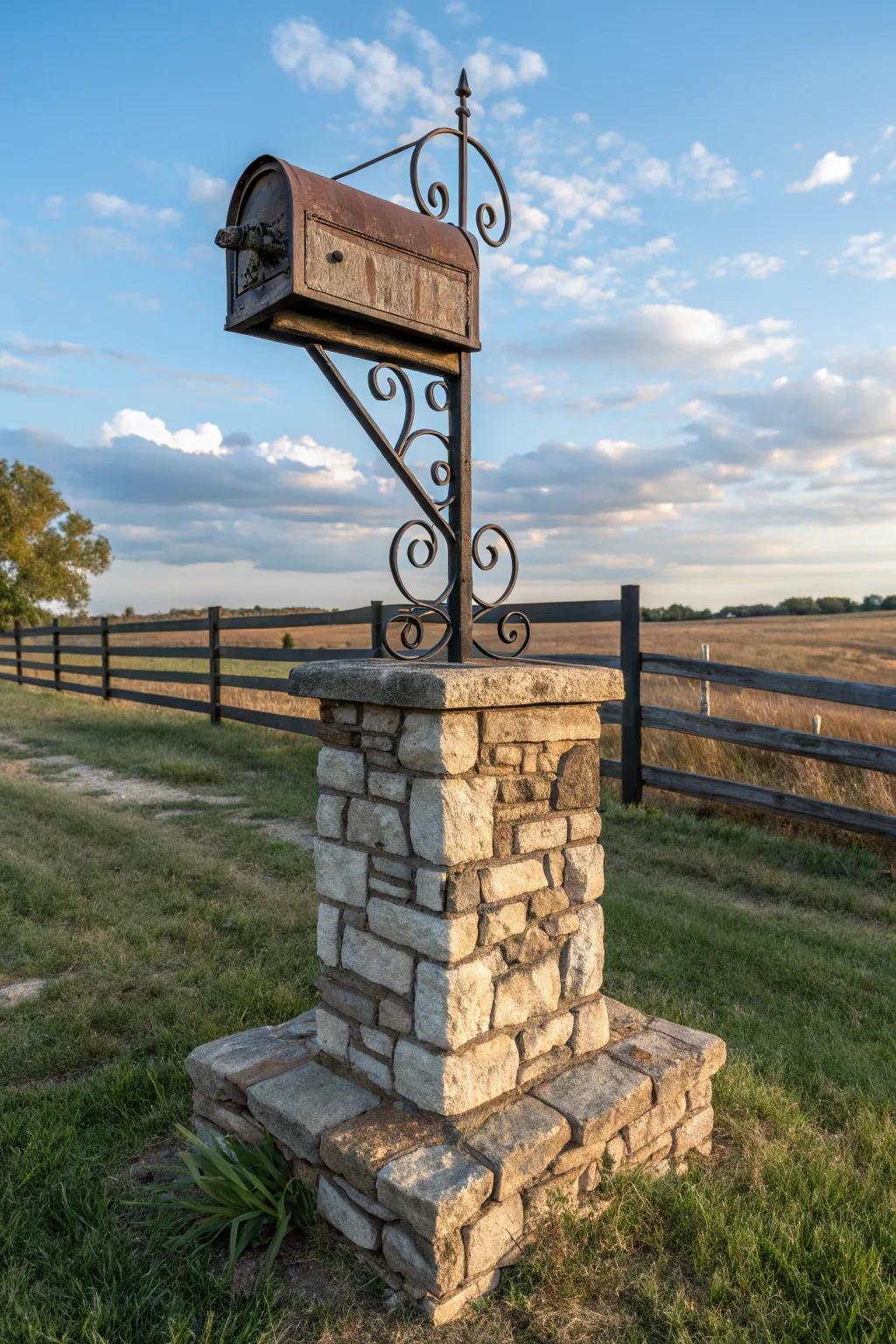 The ideal fusion of stone and metal forms a rustic yet resilient mailbox.