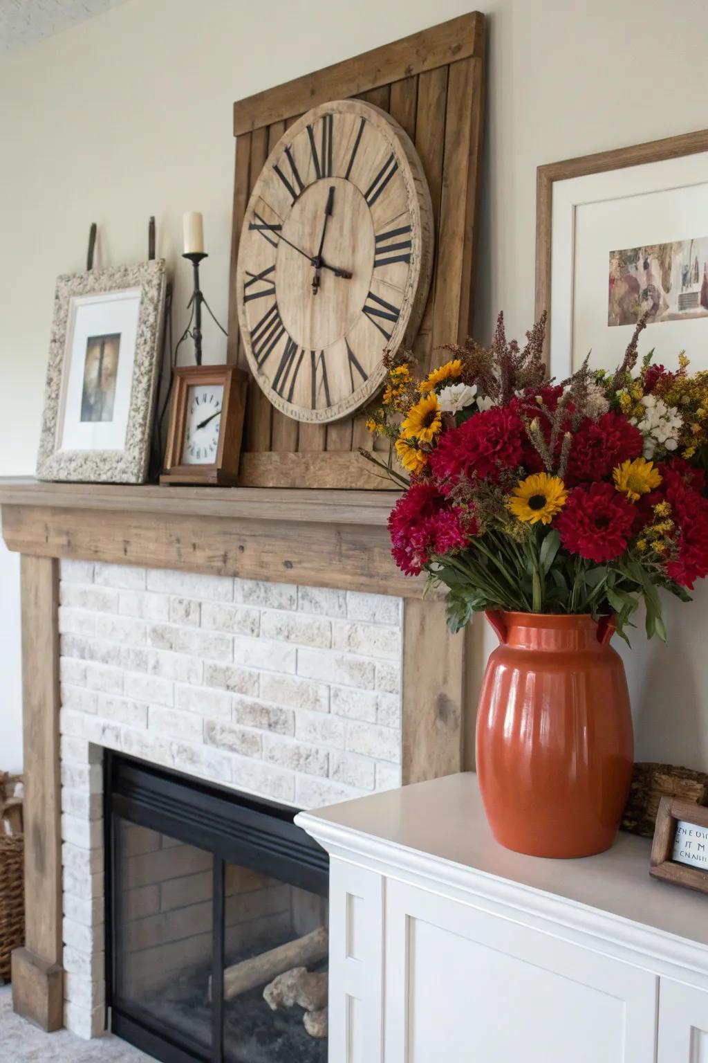A bold vase adds a striking pop of color to the neutral mantel.