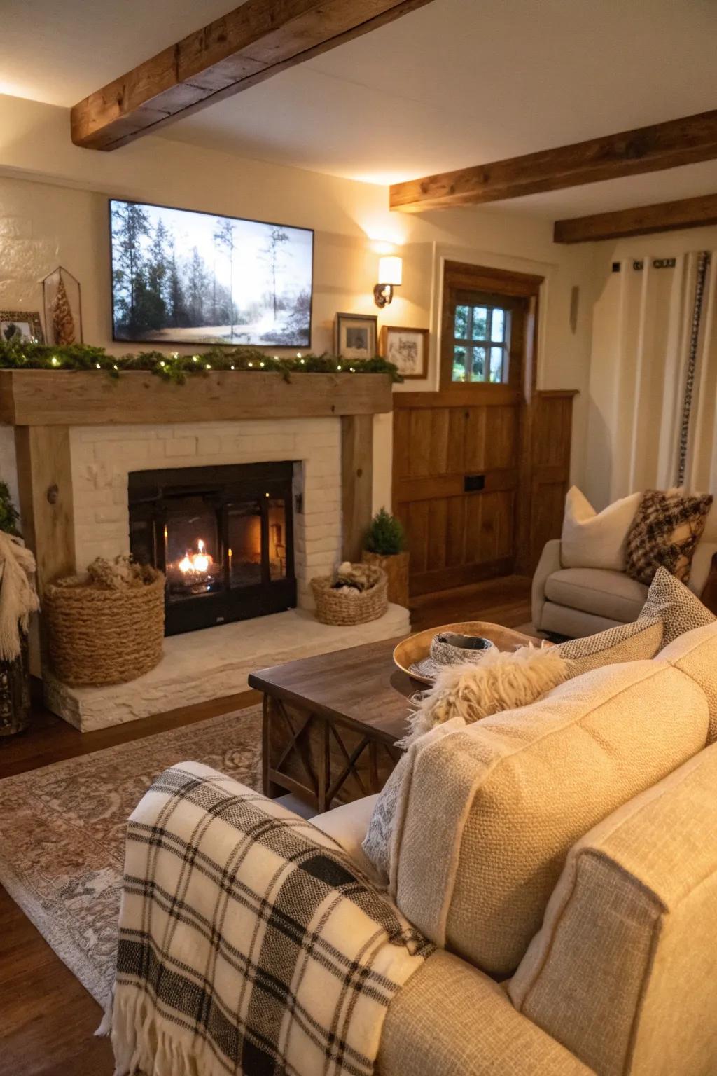 An inviting farmhouse living space with a TV above the mantel, accentuated by snug weaves.