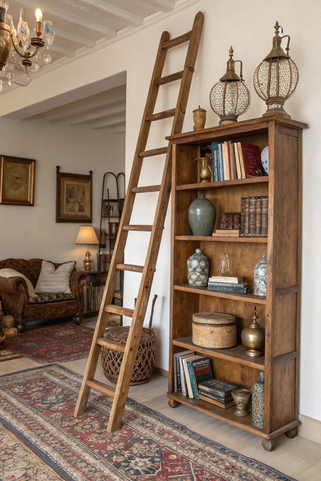 A collection of antiques displayed on a rustic ladder