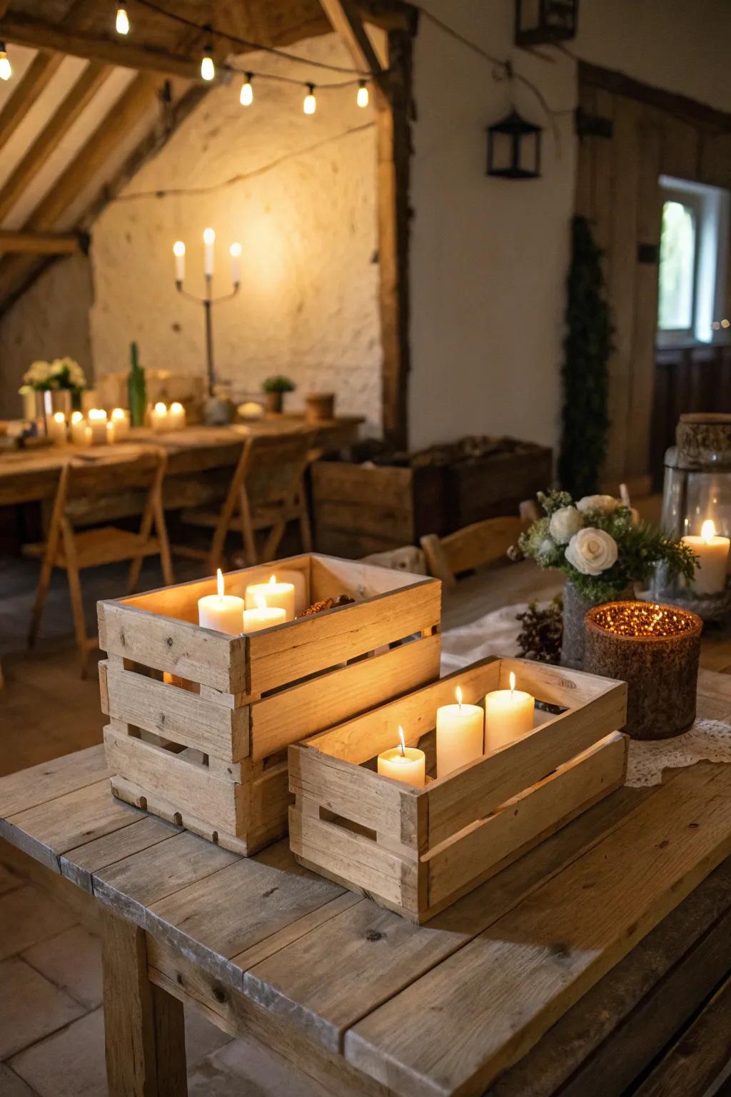Wooden compartments brimming with candles cultivate an enchanting, rustic atmosphere.