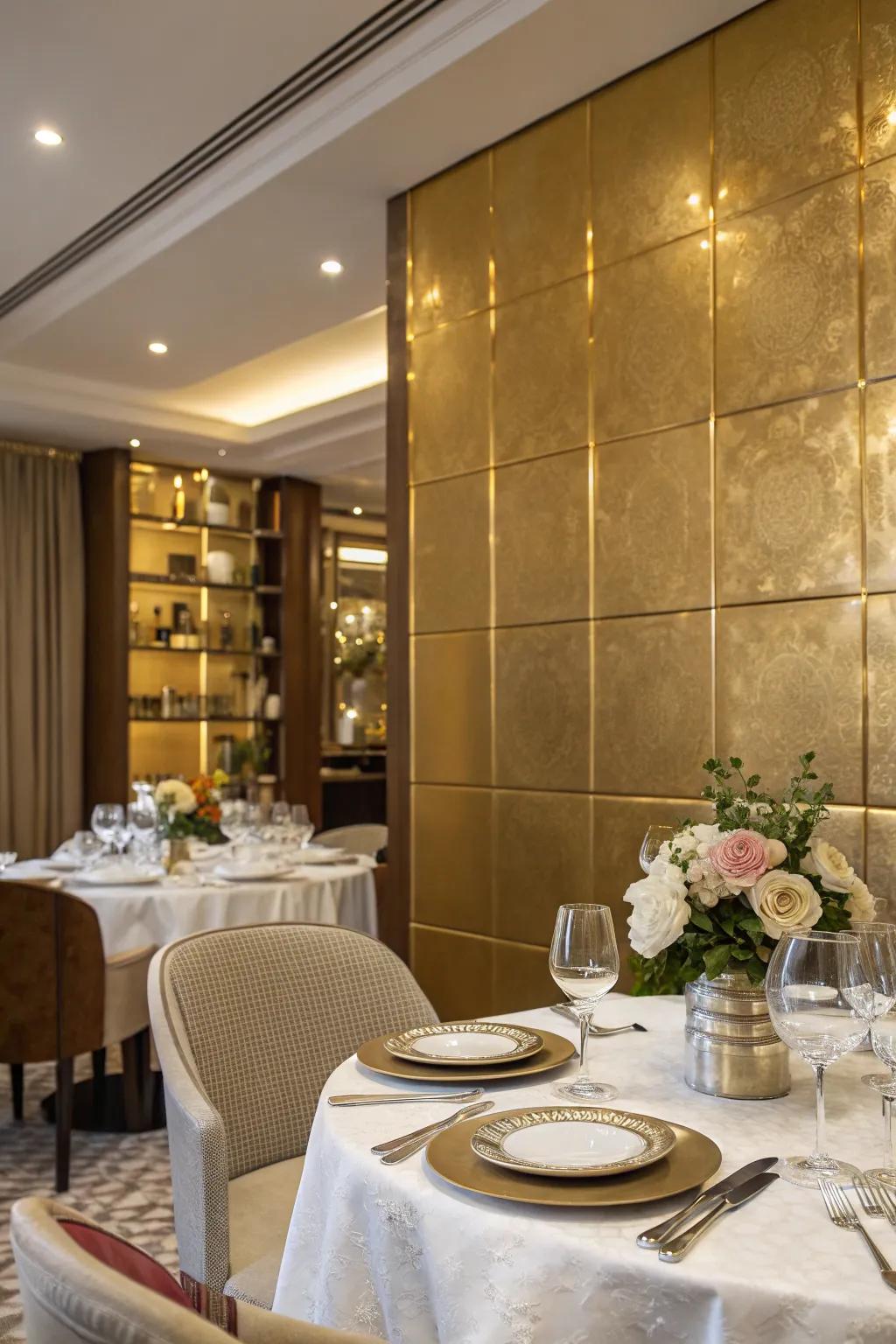 Metallic gold adds a touch of glamour to this dining room.