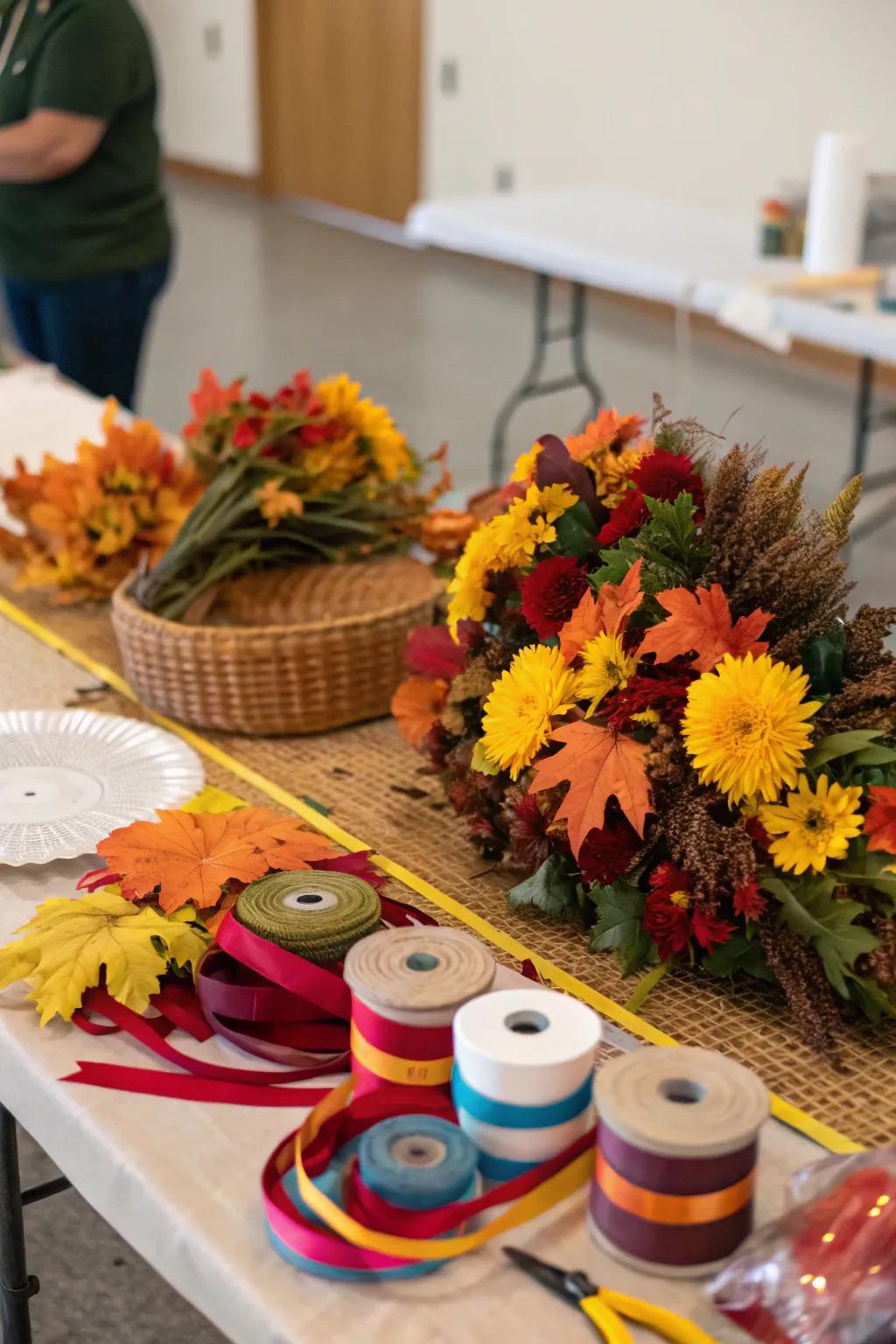 Fashion gorgeous autumn garlands with companions in a workshop.