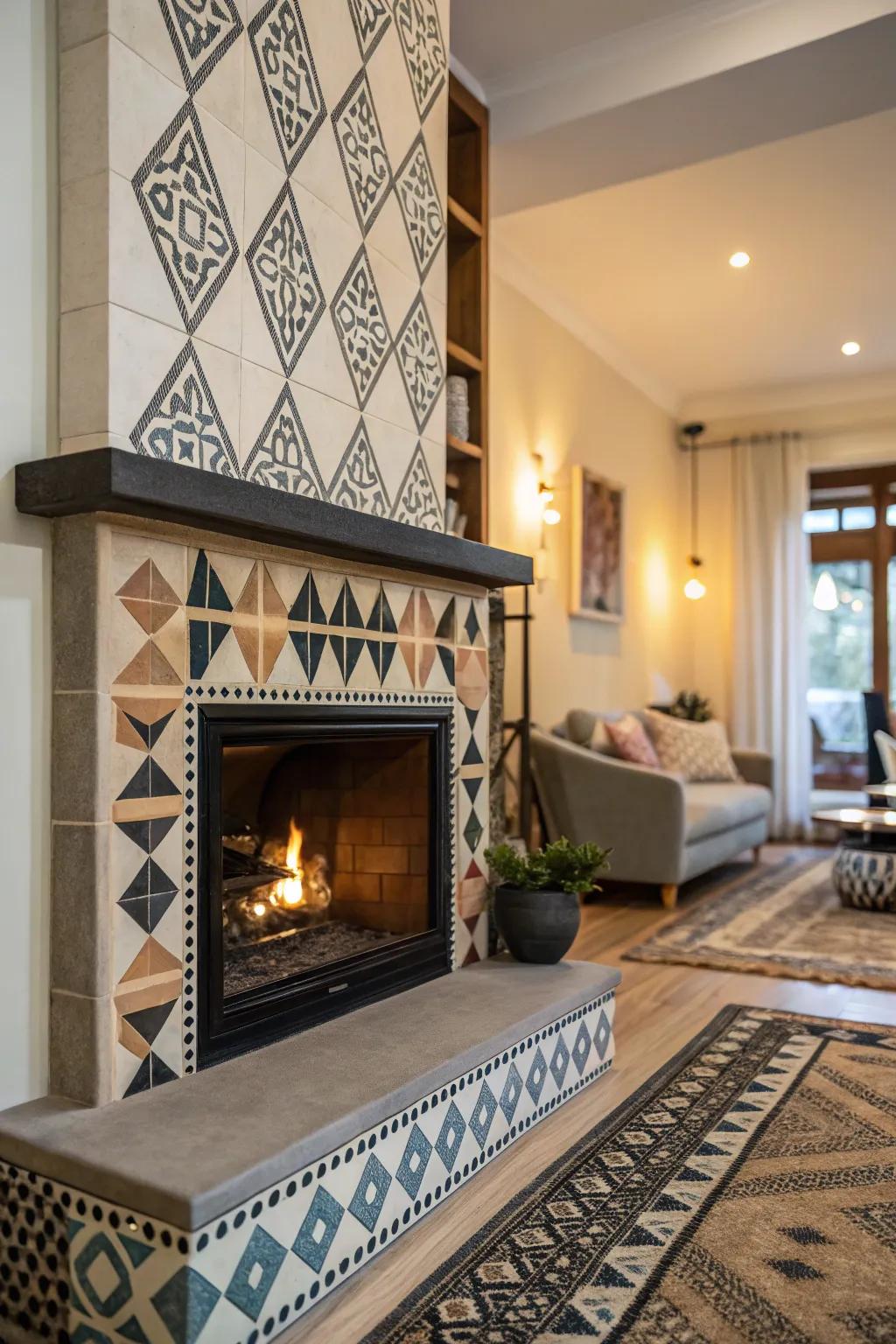 Integrate a modern flair through geometric shapes surrounding your hearth.