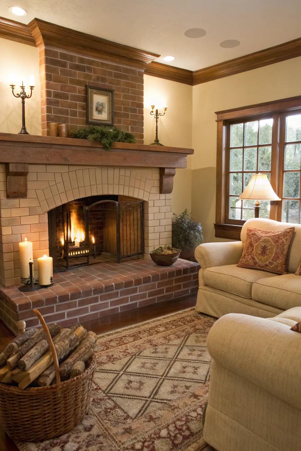 Brick cladding imparts both warmth and undying allure to this fireplace.