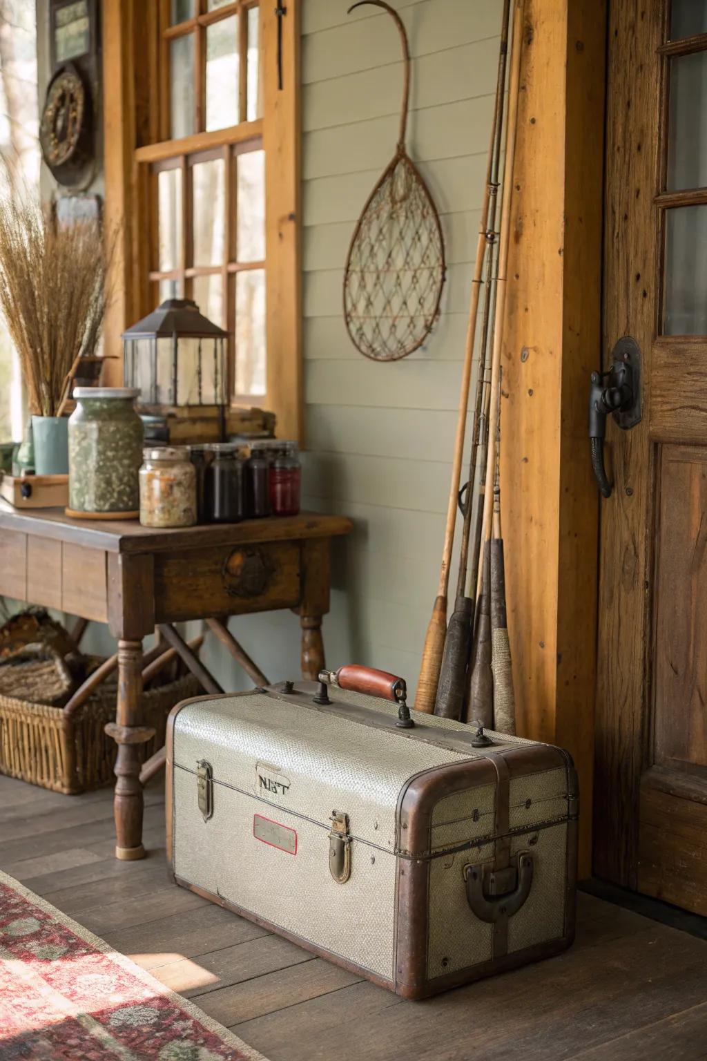 Antique tackle boxes provide storage solutions.
