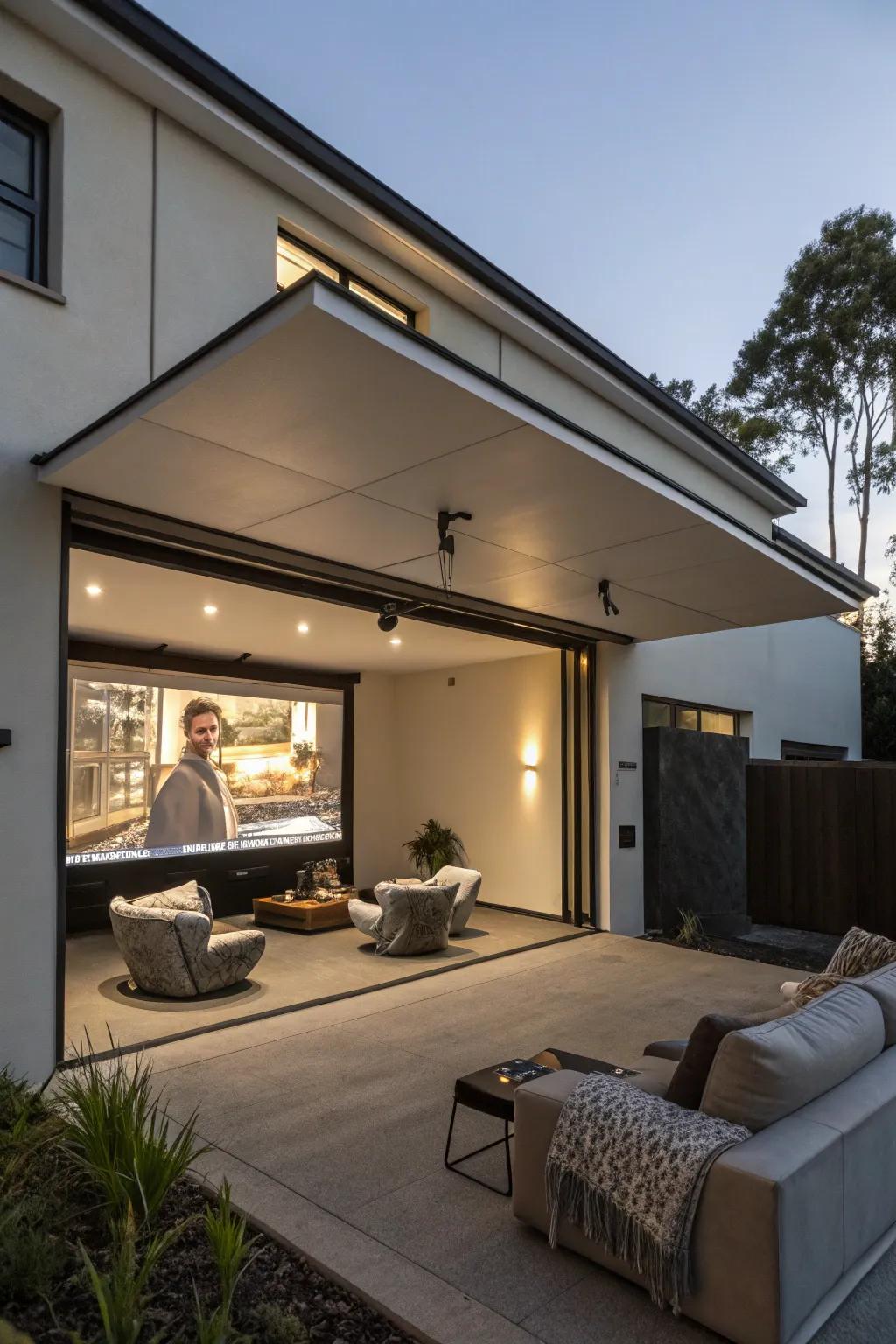 An outside film spot on a flat roof garage changes movie nights.