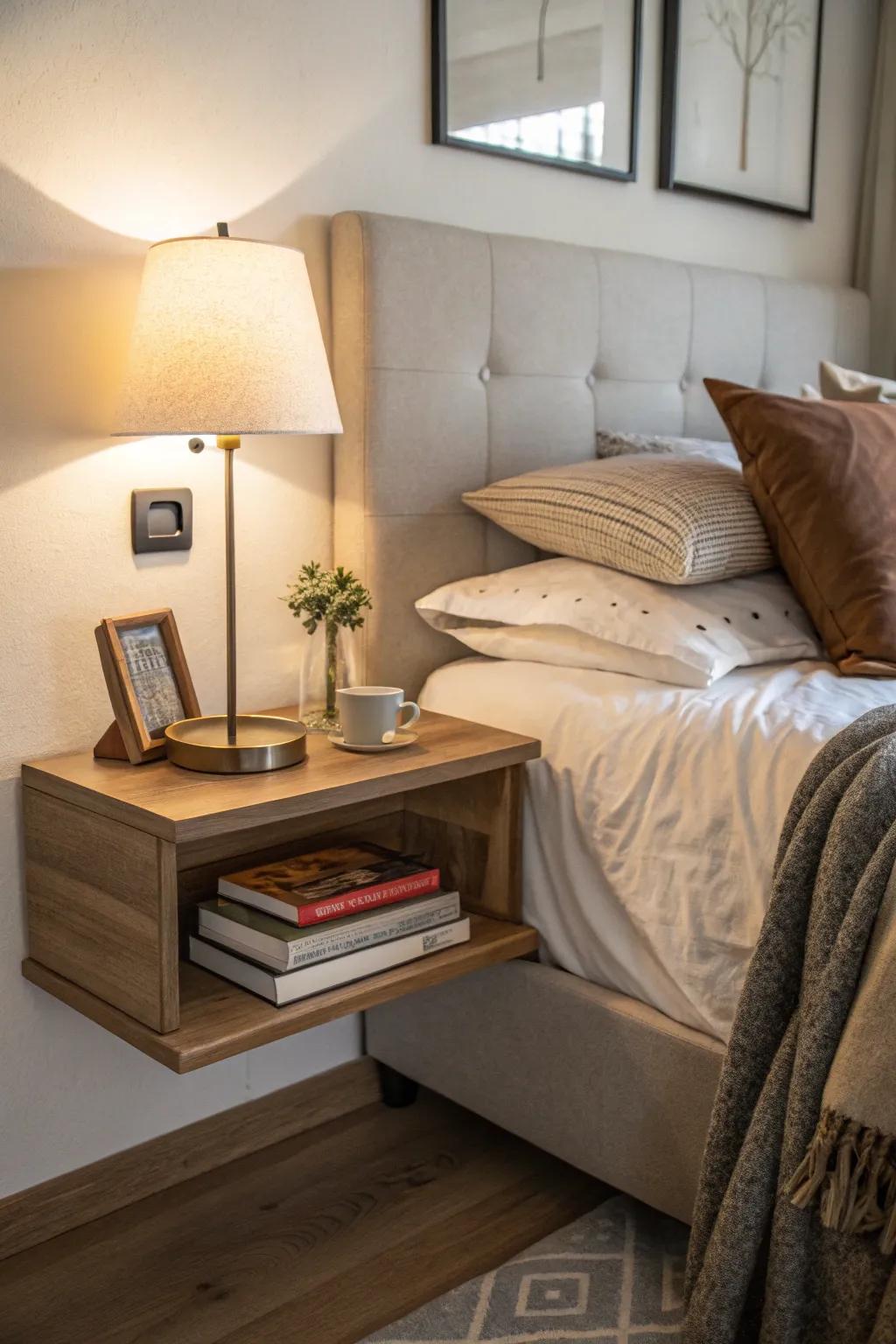 Floating shelf serving as a bedside unit.