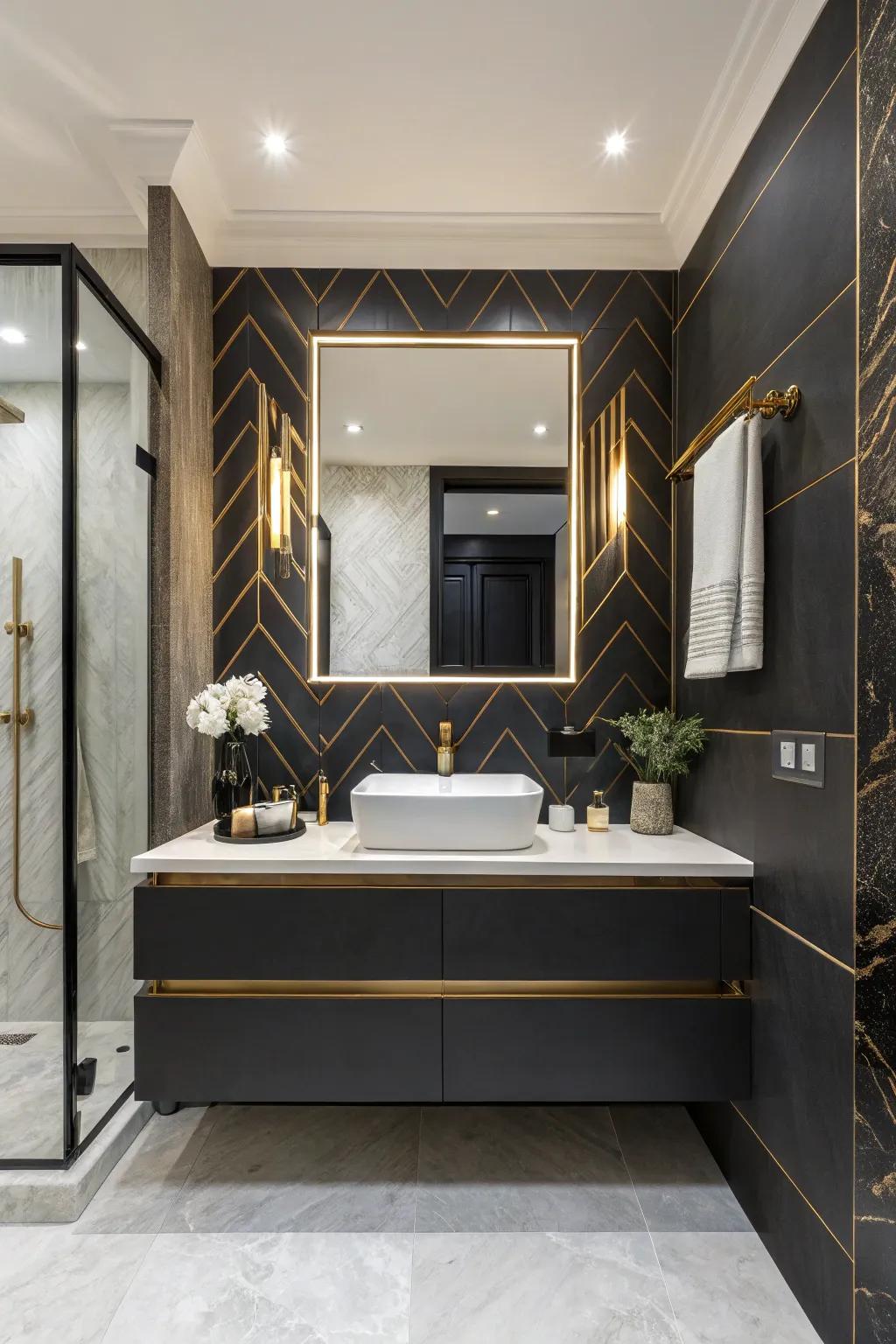 A bathroom featuring a floating vanity with a bold contrasting dark and light color scheme.