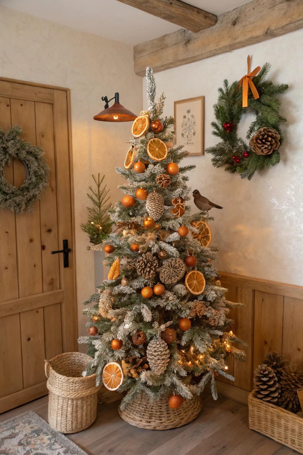 A nature-themed flocked Christmas tree featuring organic accents.