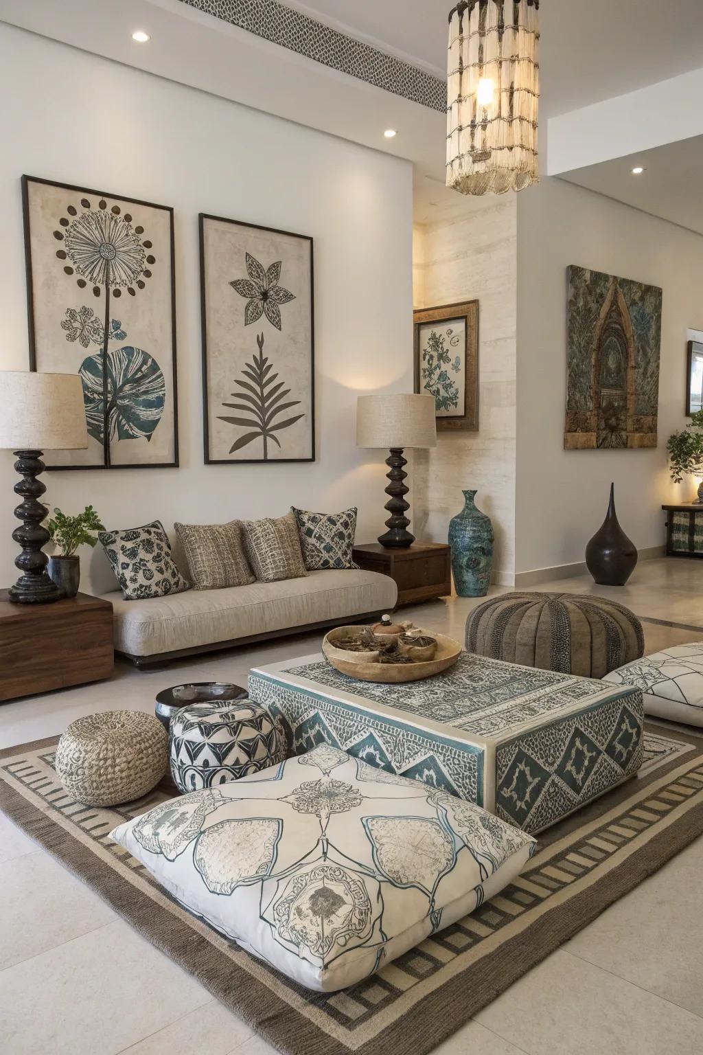 Artistic elements bring unique personality to floor seating.