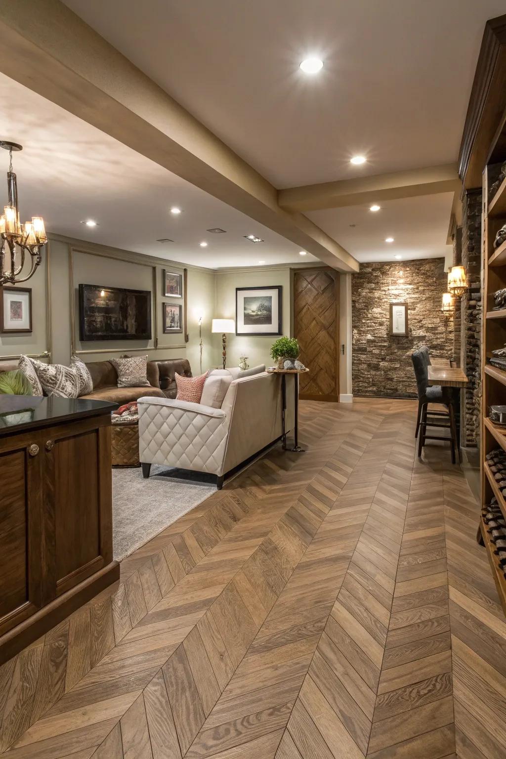 Angled oak flooring makes a sophisticated basement design.