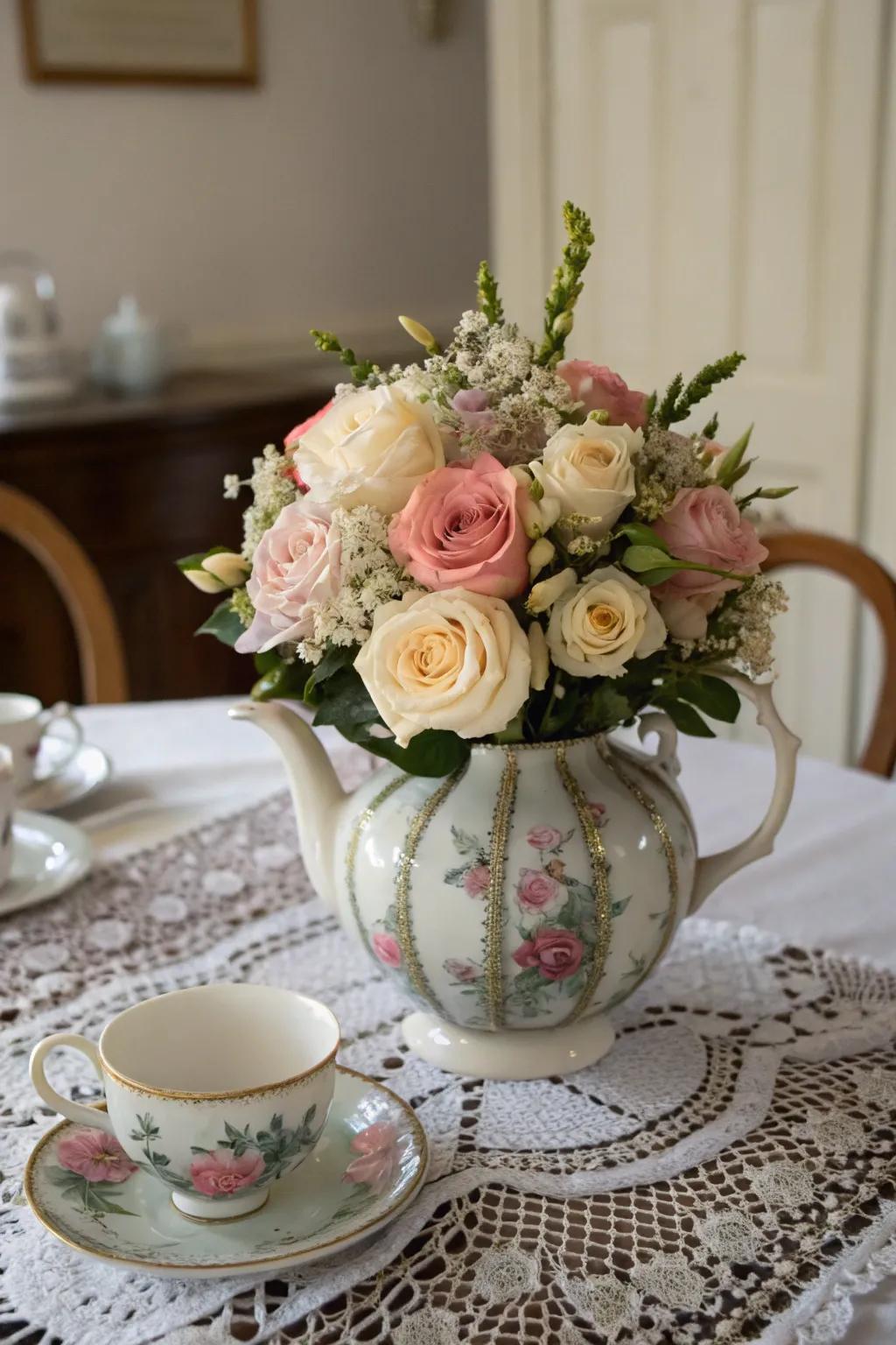 A vintage bouquet in a teapot adding a nostalgic touch to a dining table.