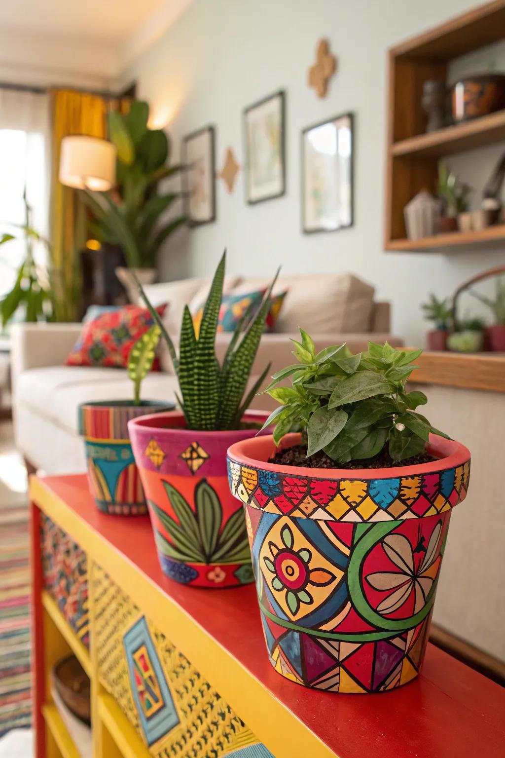 Create an impact with striking, rainbow-colored flower pots.