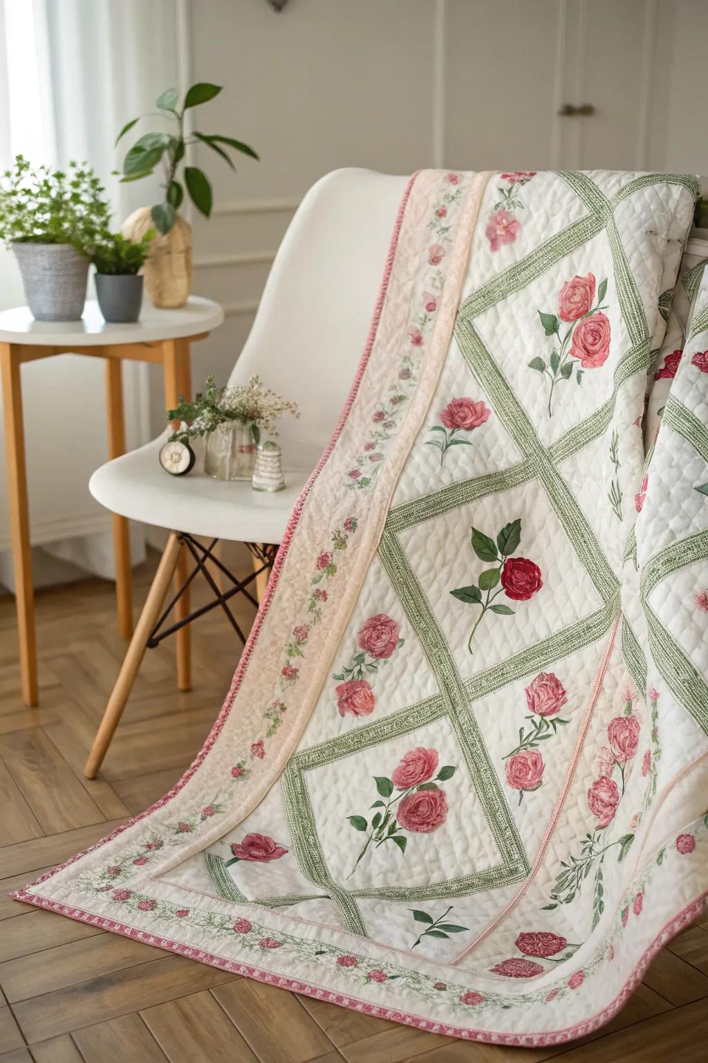 With a rose trellis quilt where simplicity converges with elaborate design, embrace elegance.