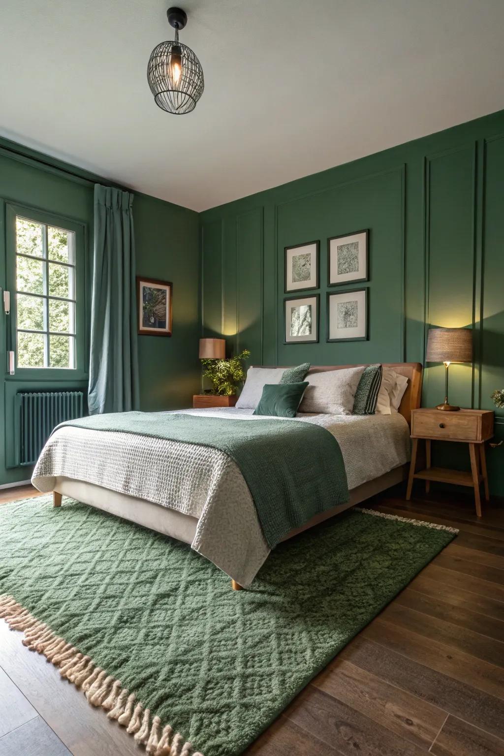 A green rug gives a space great feel.