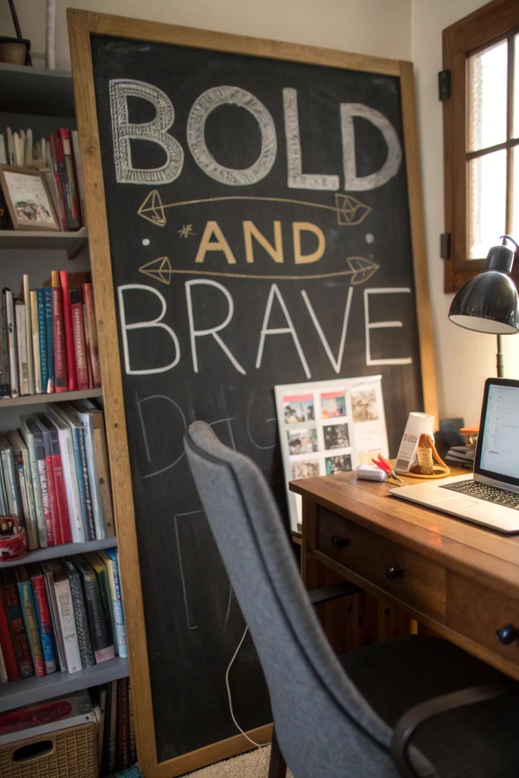 Audacious lettering crafts a dramatic chalkboard design.