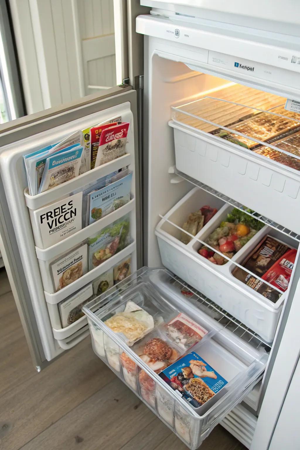 Magazine holders provide a clever solution for flat freezer items.